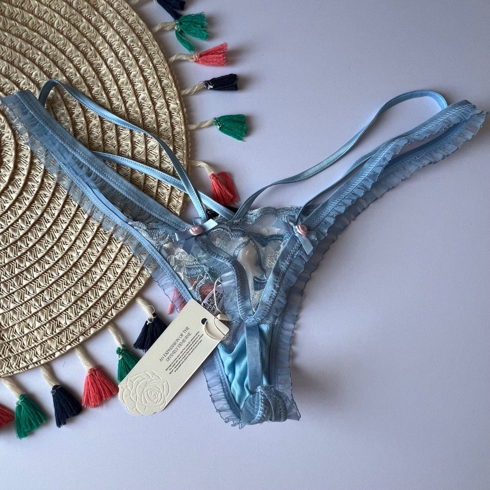 For Love & Lemons Brigitte Bow Thong Panty Blue XL NEW - Picture 7 of 7